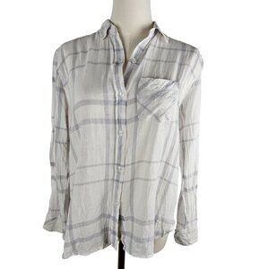 Rails Charli White/Coin Plaid Button-Up Shirt Size XS Oversized Linen Blend